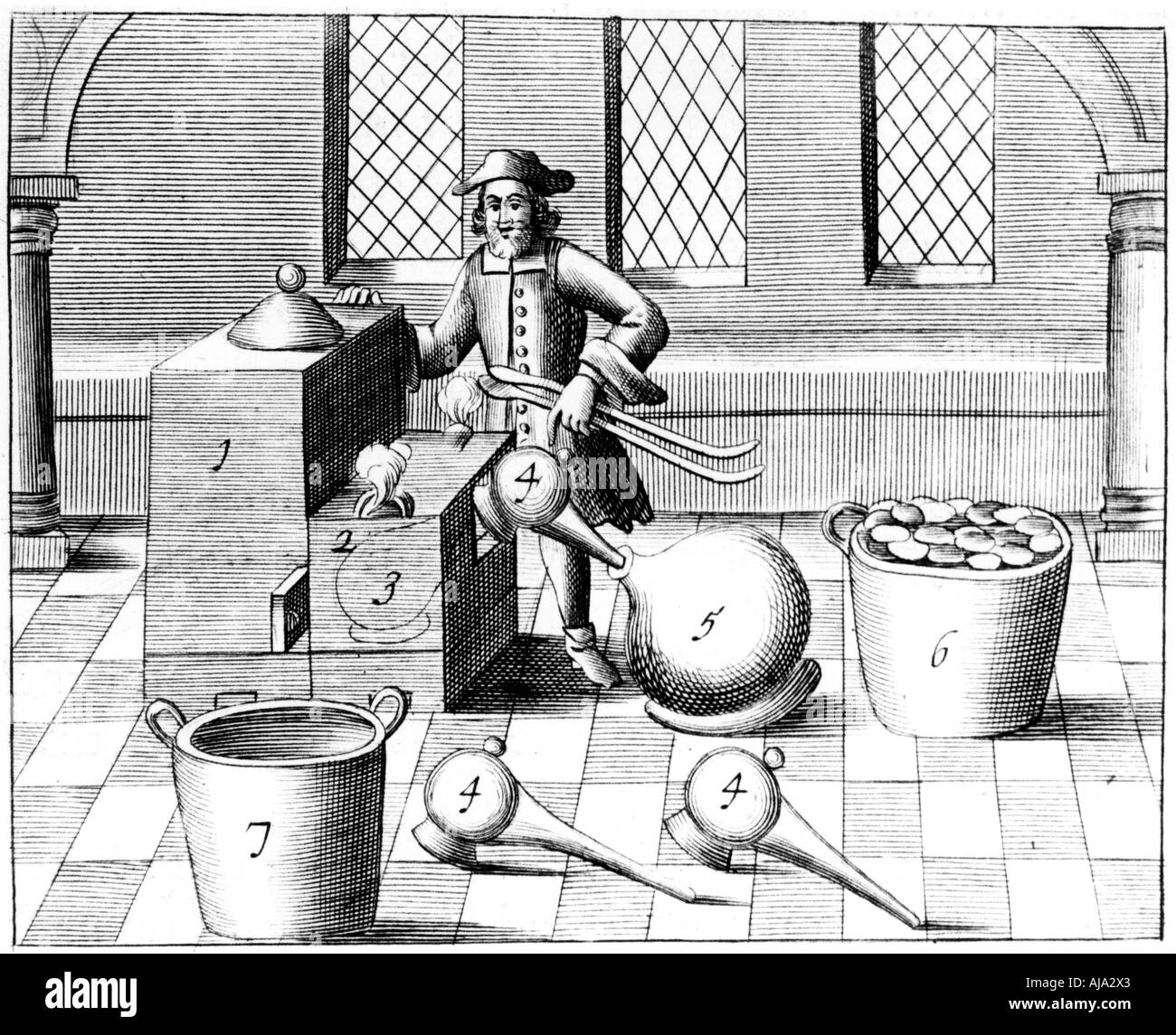 La distillazione di acido nitrico, 1683. Artista: sconosciuto Foto Stock