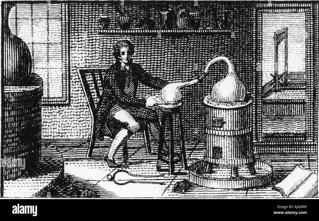 Antoine Laurent Lavoisier, XVIII secolo chimico francese, nel suo laboratorio, 1814. Artista: sconosciuto Foto Stock