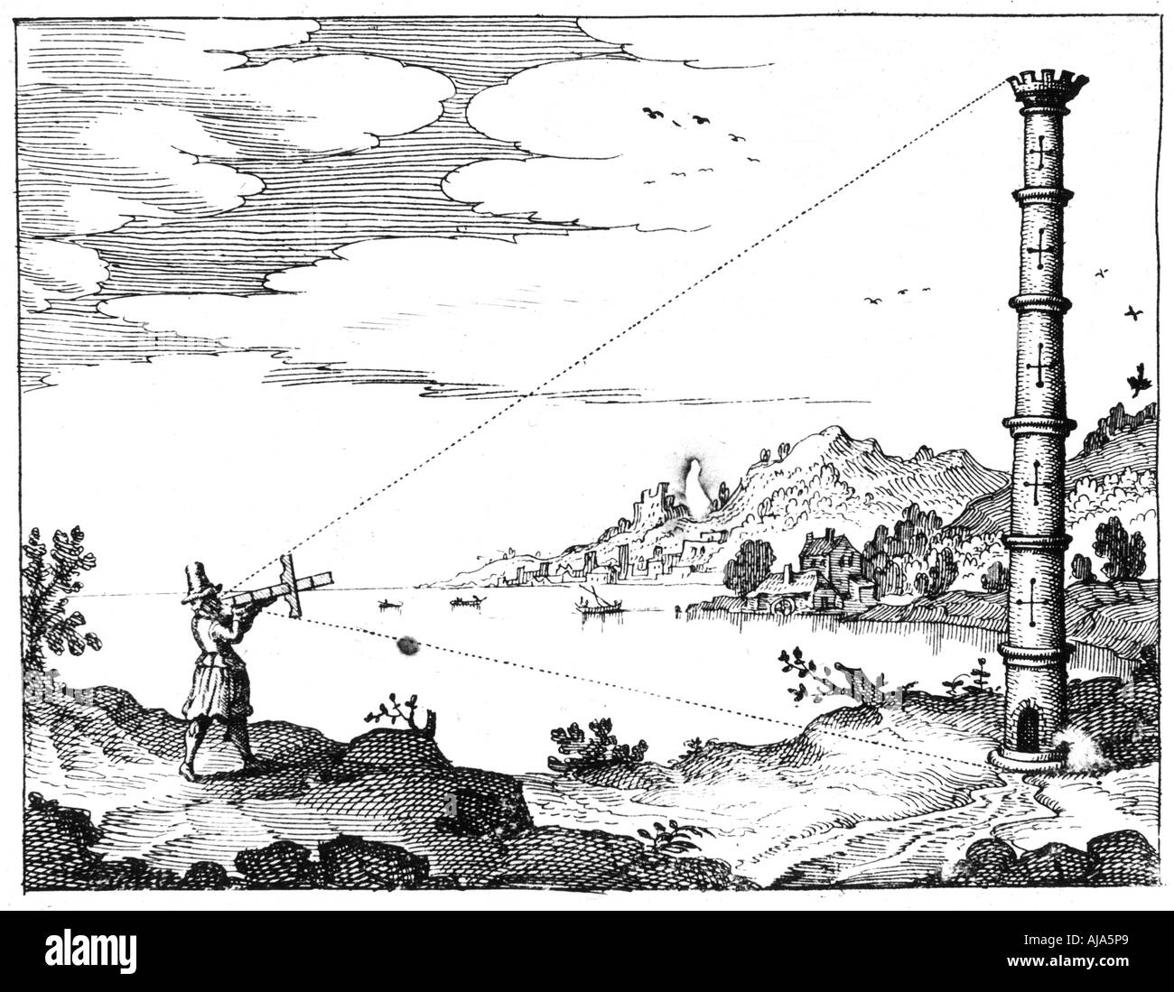 Utilizzando un cross-personale per misurare l'altezza di una torre, 1617-1619. Artista: sconosciuto Foto Stock