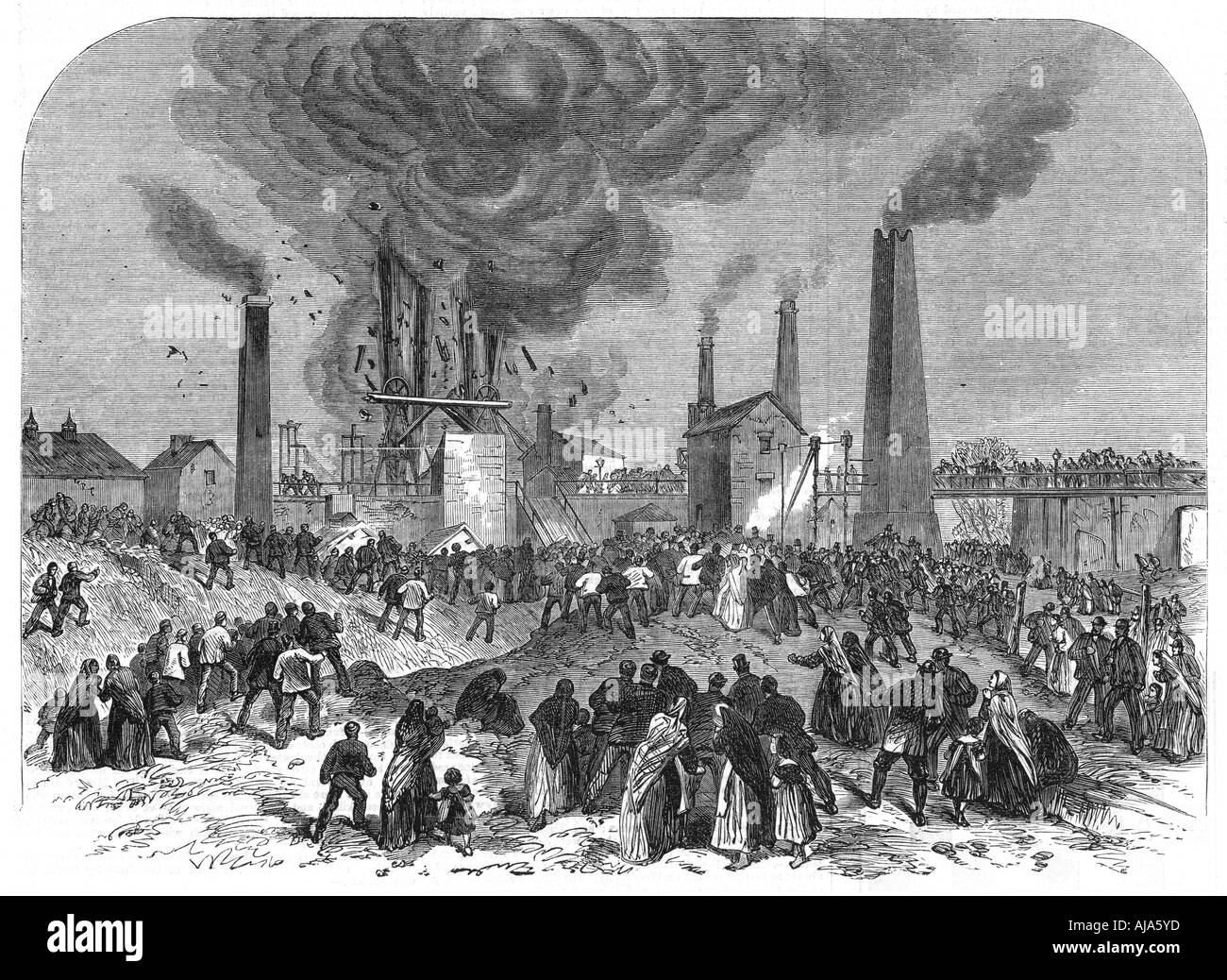 Le miniere di carbone di disaster, Querce Colliery, Barnsley, nello Yorkshire, dicembre 1866. Artista: Anon Foto Stock
