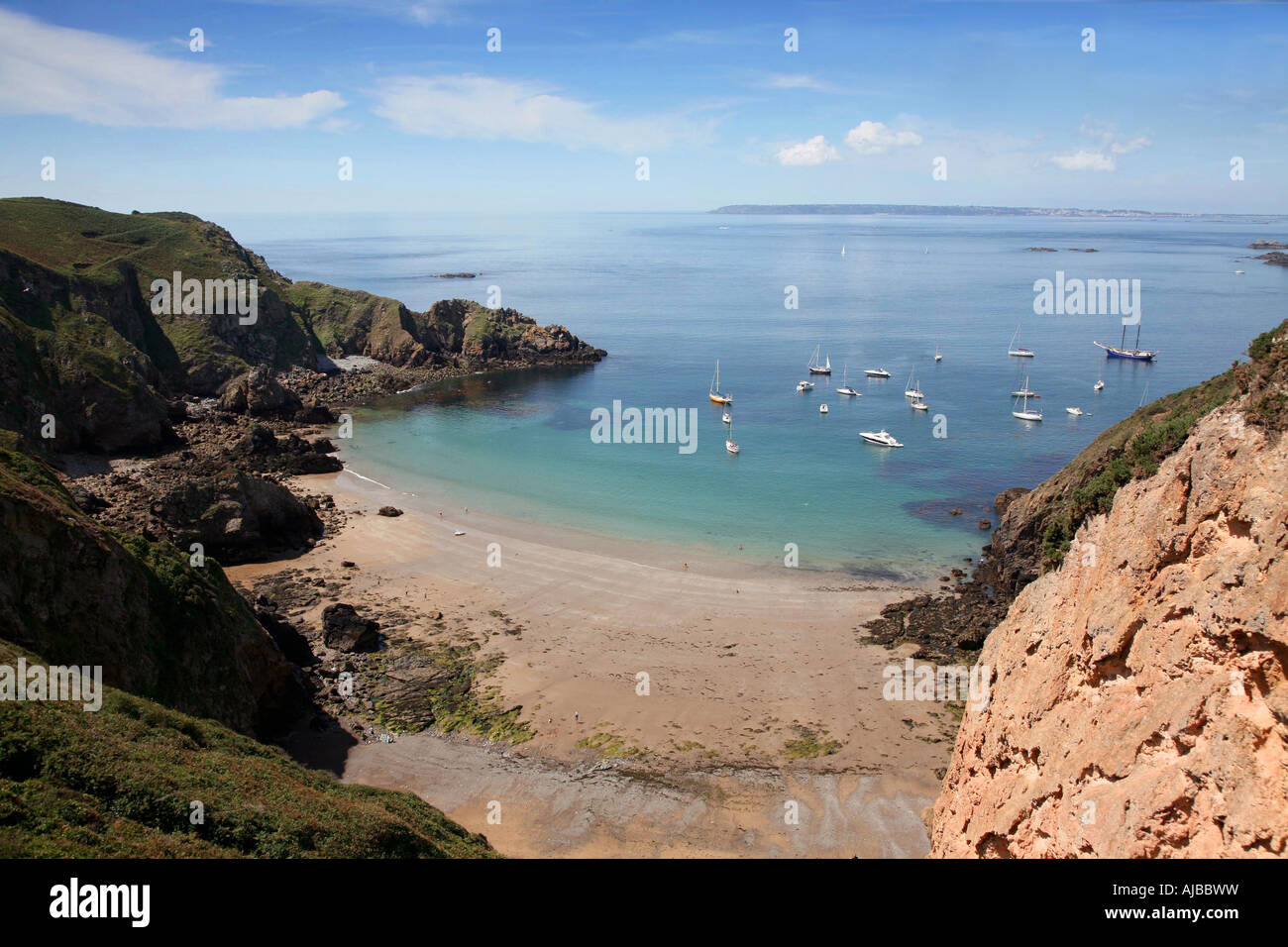 Sark - guardando verso il basso La Grande Greve da La Coupee Causeway Foto Stock