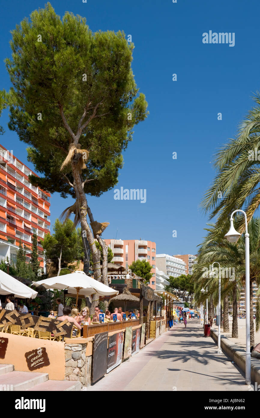 Beachfront Cafe, Magaluf, la baia di Palma di Maiorca, isole Baleari, Spagna Foto Stock