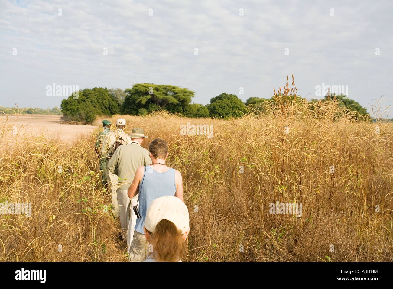I turisti in una visita gioco safari a piedi - Vista posteriore Foto Stock