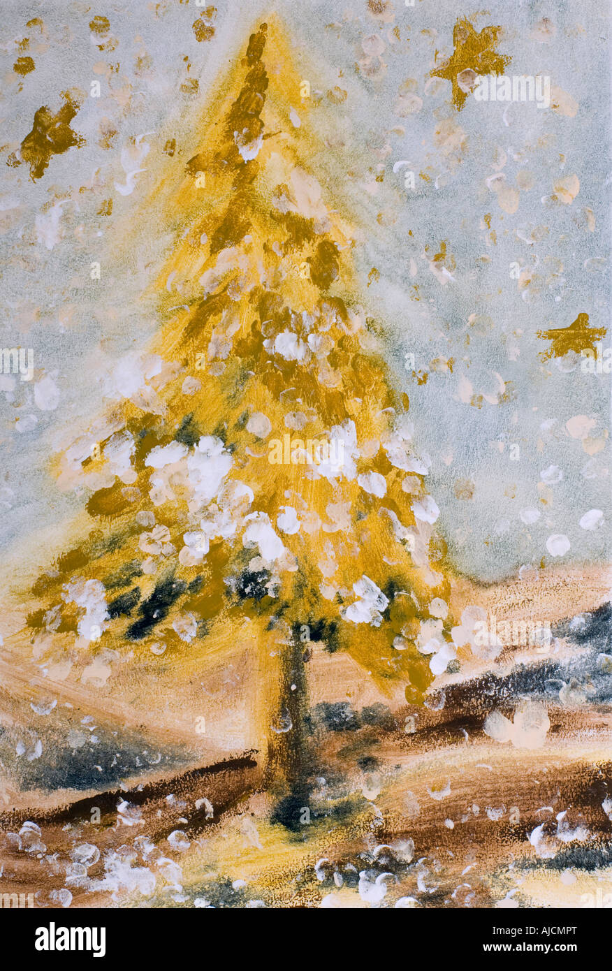 Un'immagine che rappresenta una romantica albero di Natale sotto la neve con il paesaggio e decoratives stelle Foto Stock