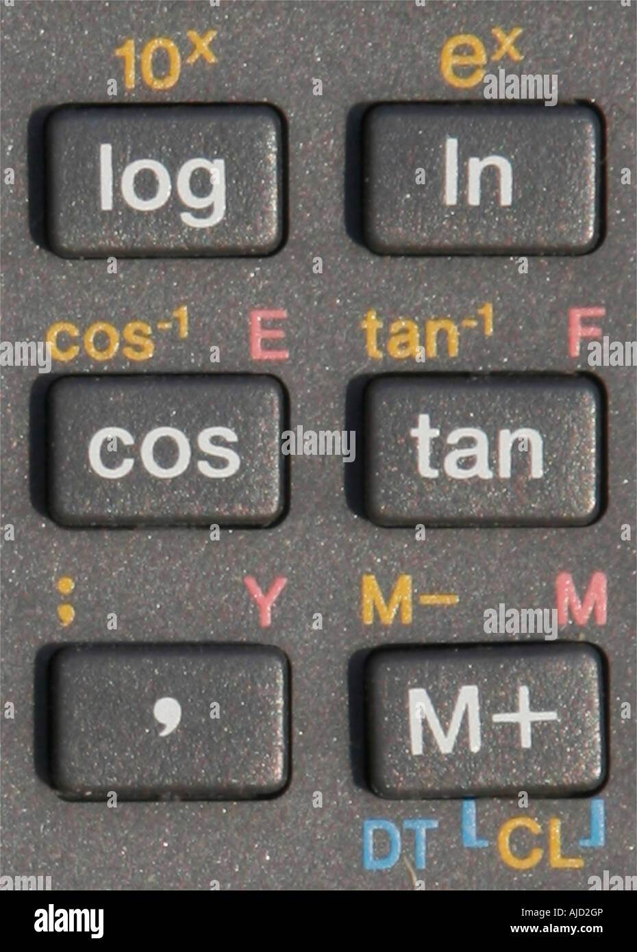 Tasti grigi su un calcolatore che mostra log in cos tan m+ , e simboli matematici Foto Stock