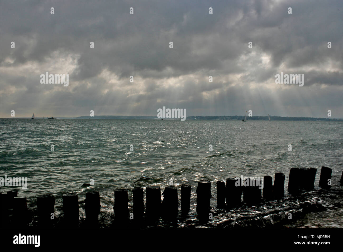 Acqua di Southampton, groyne in legno e la spiaggia di ciottoli insieme contro un imponente cielo a Calshot Spit, Calshot, Hampshire Foto Stock