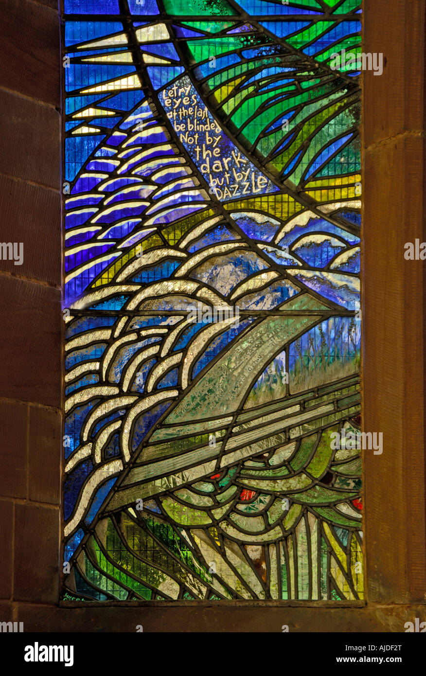 Norman Nicholson memorial finestra (dettaglio). Chiesa di San Giorgio, Millom, Cumbria, Inghilterra, Regno Unito, Europa. Foto Stock