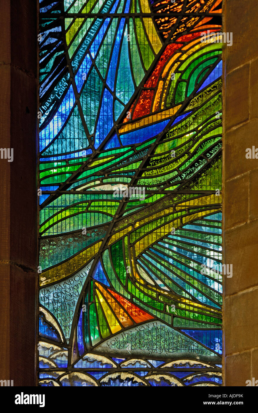 Norman Nicholson memorial finestra (dettaglio). Chiesa di San Giorgio, Millom, Cumbria, Inghilterra, Regno Unito, Europa. Foto Stock