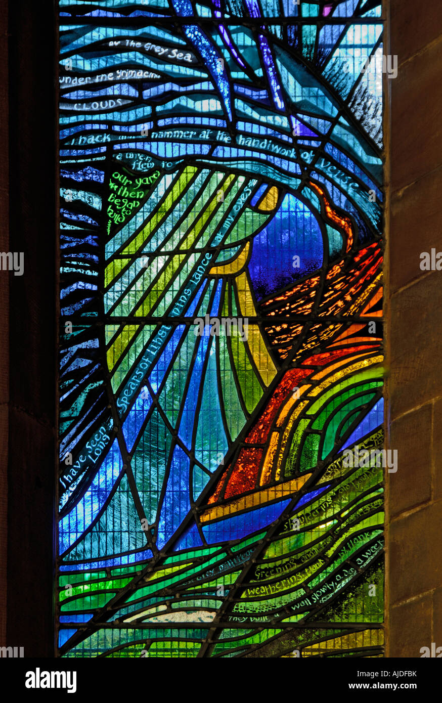 Norman Nicholson memorial finestra (dettaglio). Chiesa di San Giorgio, Millom, Cumbria, Inghilterra, Regno Unito, Europa. Foto Stock