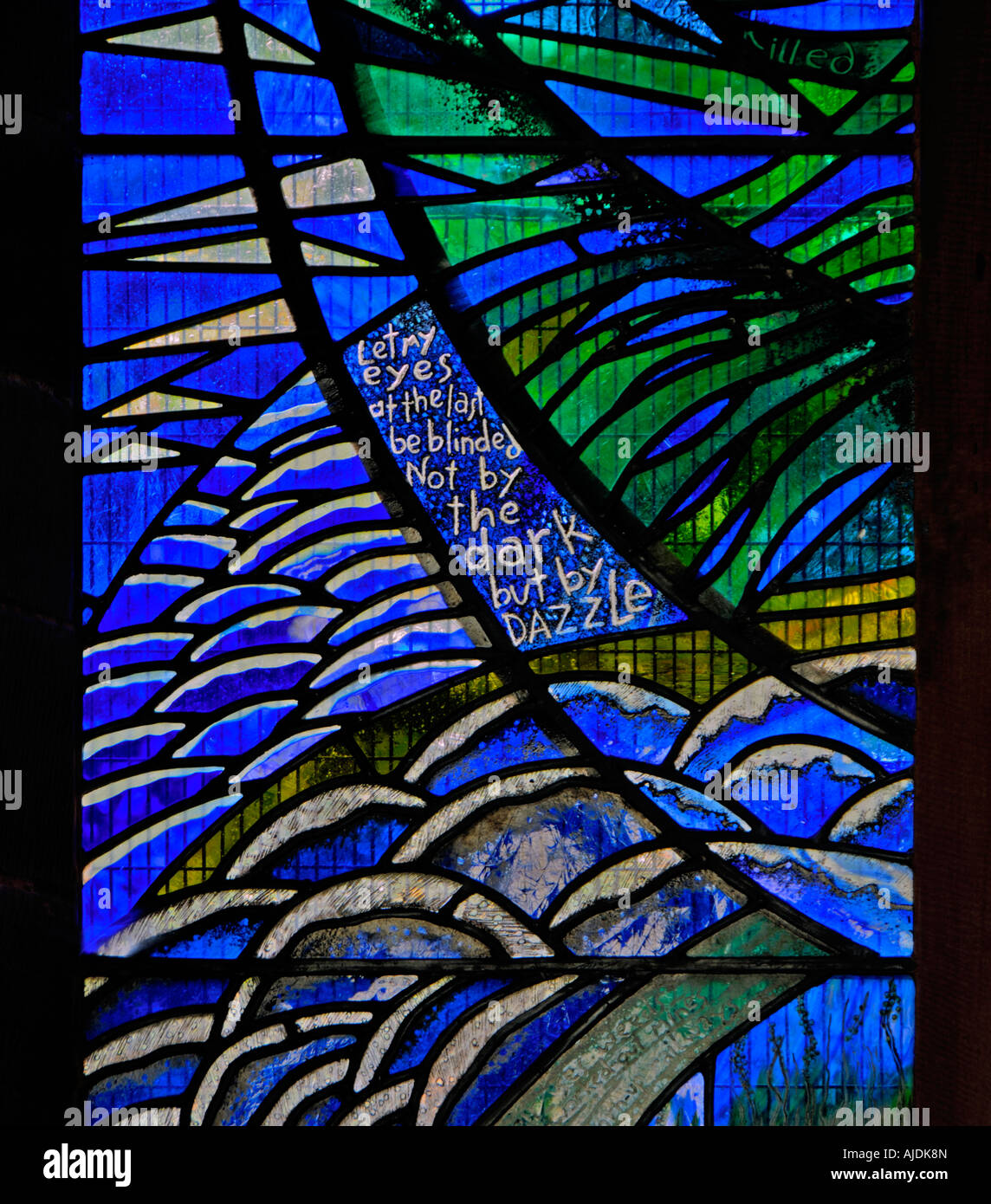 Norman Nicholson memorial finestra (dettaglio). Chiesa di San Giorgio, Millom, Cumbria, Inghilterra, Regno Unito, Europa. Foto Stock