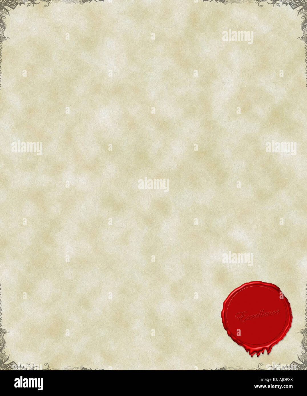 Un certificato di carta con sigillo di cera rossa e frontiere Foto Stock