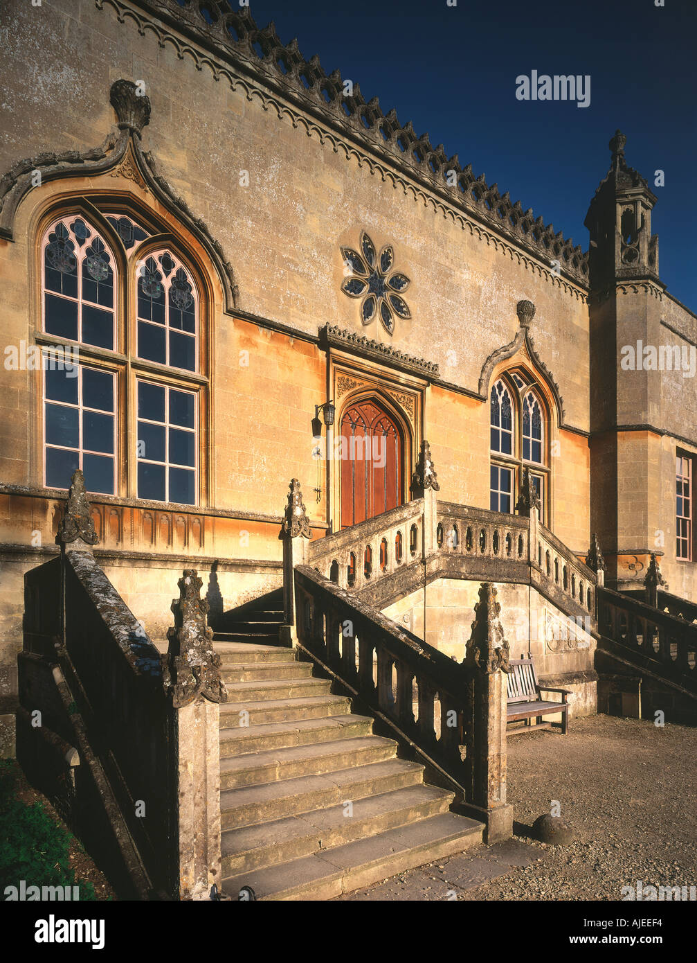 Il gotico di gradini di pietra che conduce alla porta alla Hall sulla facciata ovest a Lacock Abbey Wiltshire Foto Stock