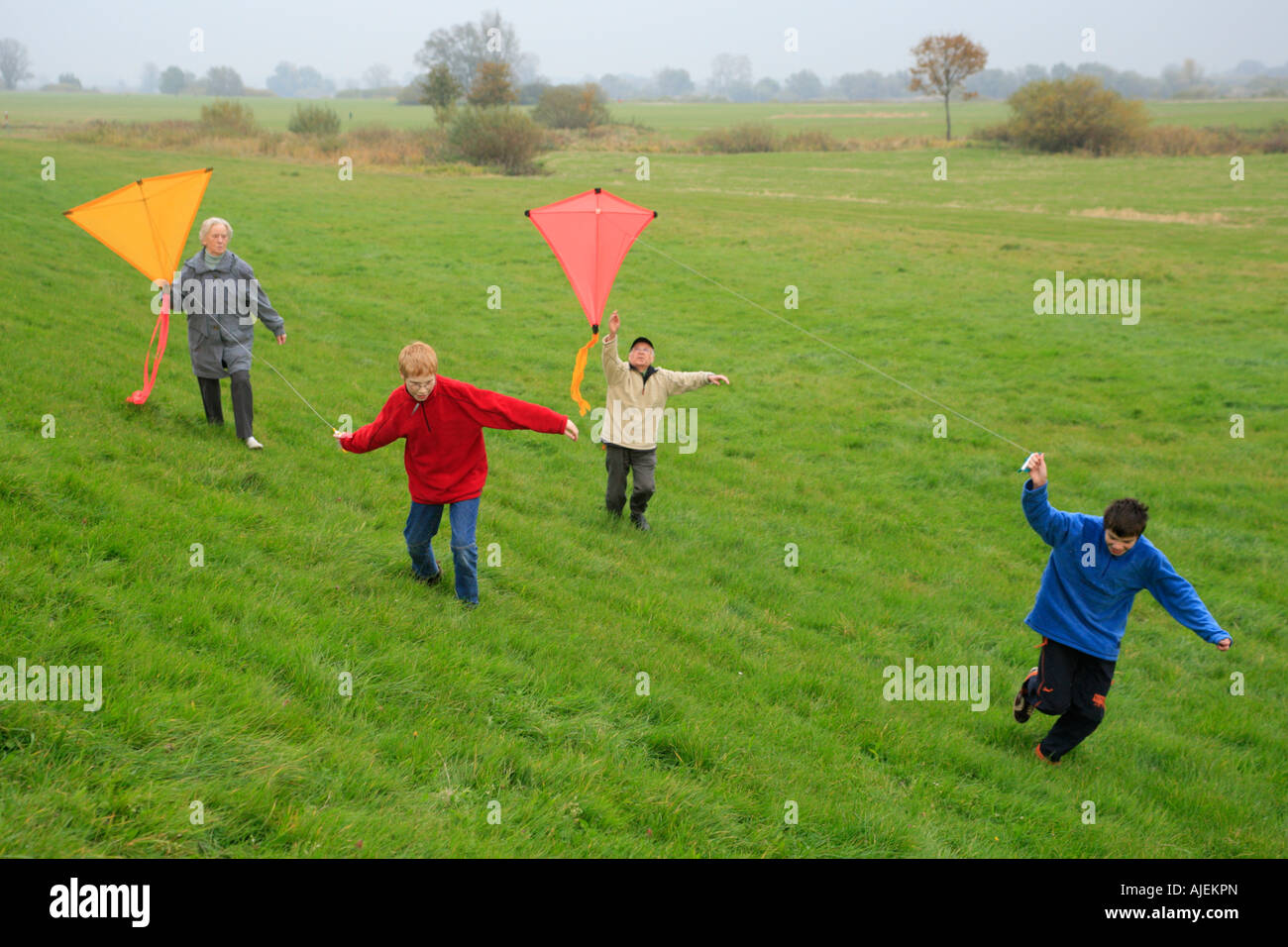 I nonni e i loro nipoti sono aquiloni insieme Foto Stock