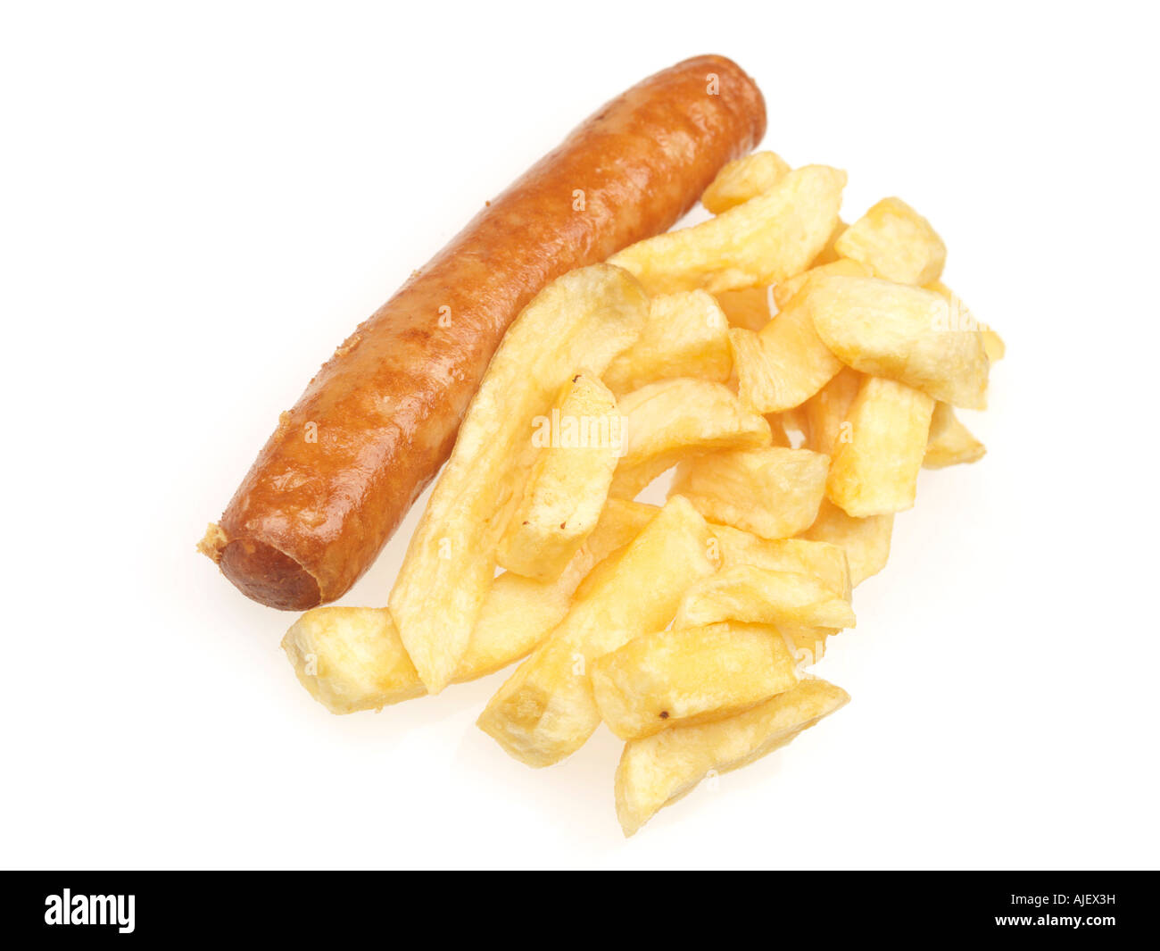 Shop ha acquistato una gustosa Venerdì notte Jumbo da asporto salsiccia e patatine contro uno sfondo bianco con un tracciato di ritaglio nessun popolo e spazio di copia Foto Stock