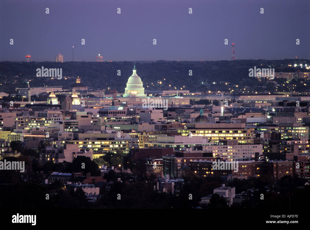 Vista di Washington D.C. durante la notte Foto Stock