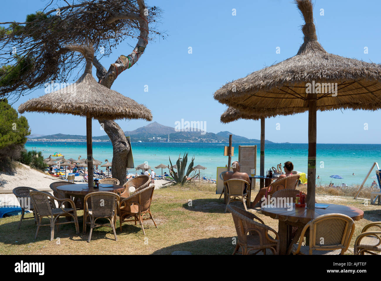 Bar in spiaggia, Platja de muro, Alcudia, Mallorca, Spagna Foto Stock