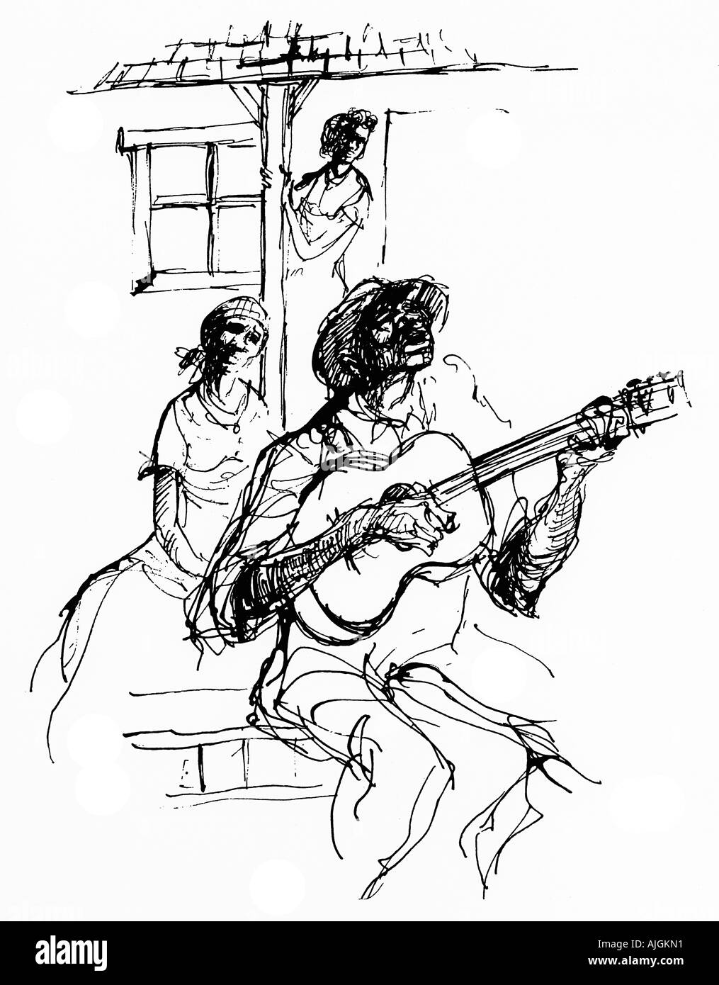 Delta Blues, linea di disegno di un bluesman meridionale, picking la sua chitarra su un portico di mezzadri Foto Stock