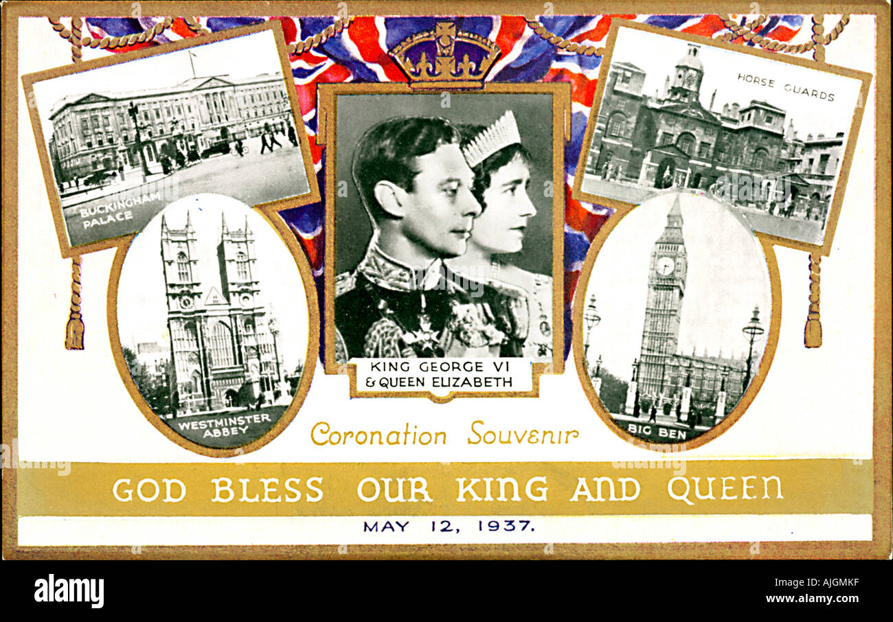 1937 Incoronazione cartolina per festeggiare il coronamento del re George VI mostra i punti di riferimento nella Westminster Foto Stock