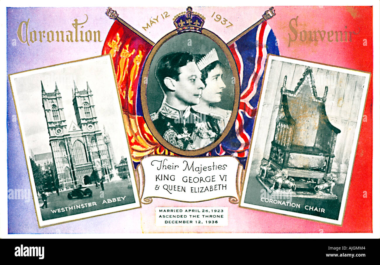 1937 Incoronazione cartolina per festeggiare il coronamento del re George VI mostra l'Abbazia di Westminster e la sedia di incoronazione Foto Stock