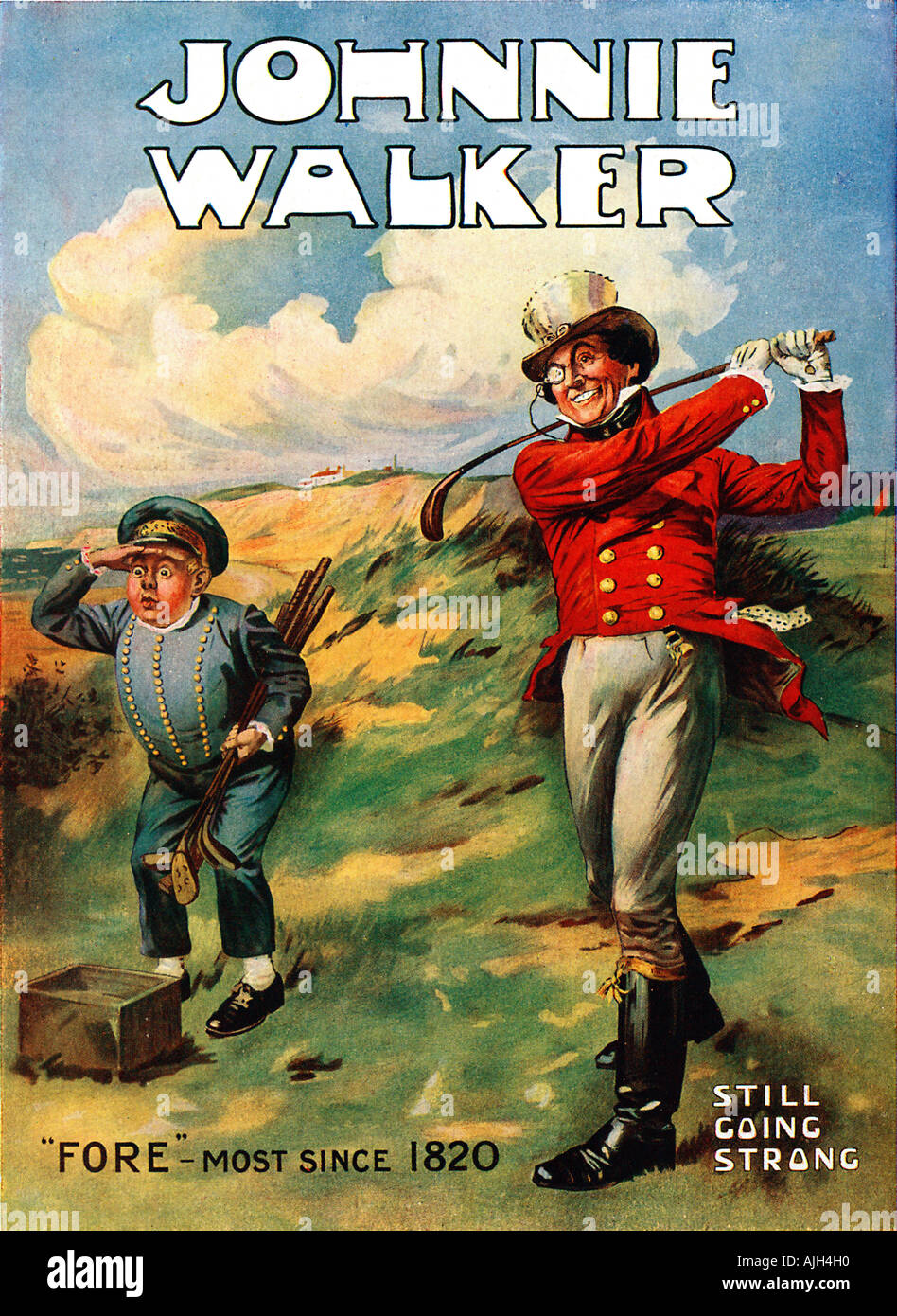 Johnnie Walker Fore Annuncio per Johnny Walker Whisky dal 1920s con l'uomo stesso la guida fuori dal raccordo a T Foto Stock