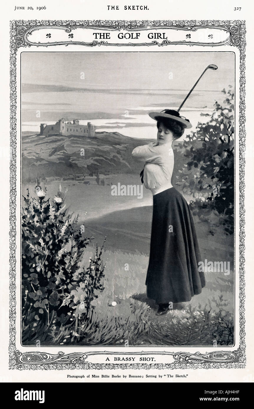 Il Golf Girl Edwardian magazine foto in posa da Bassano del actress Billie Burke prendendo una sfavillante Shot Foto Stock