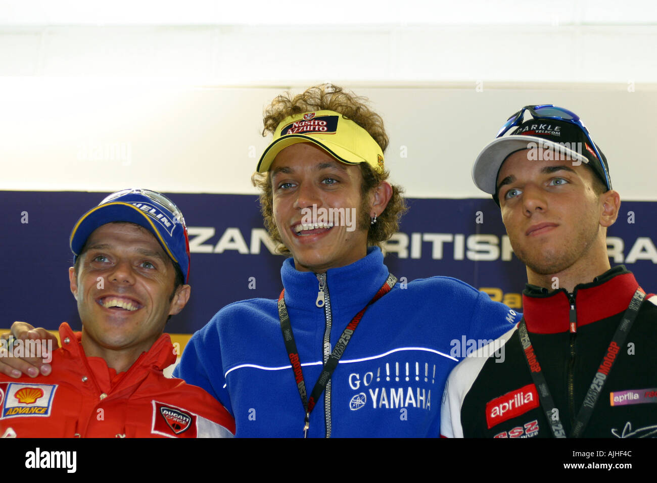 Italiano moto gara i piloti piloti Valentino Rossi Loris Capirossi e Alex De Angelis Foto Stock