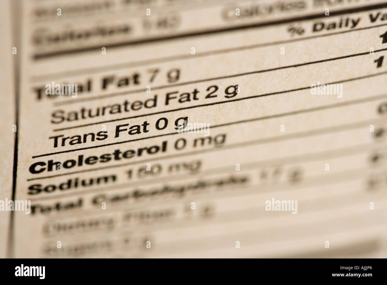 Close up di etichetta dal prodotto alimentare che mostra trans grassi, colesterolo, il sodio, il tenore di materia grassa Foto Stock