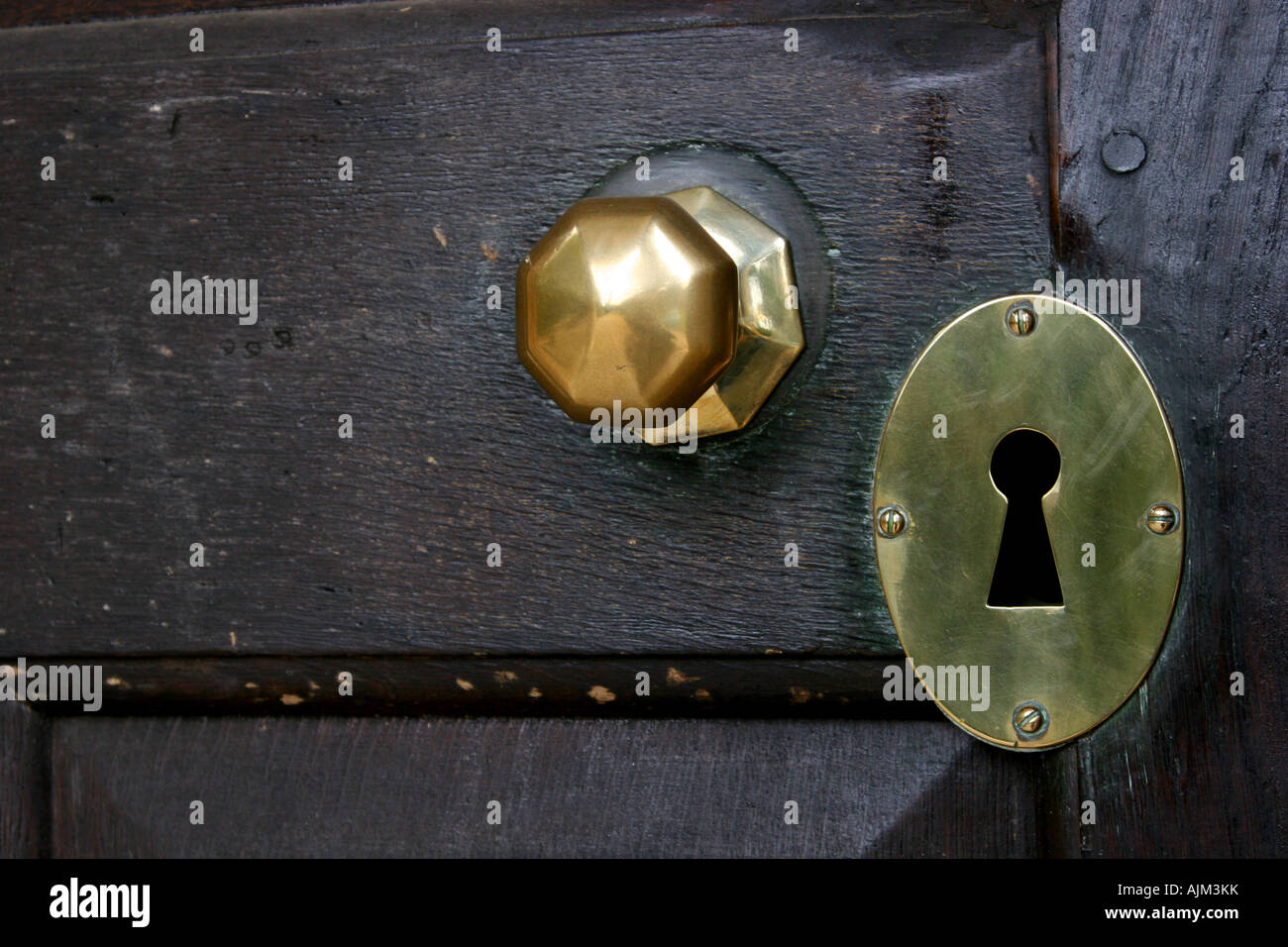 Ottone foro di serratura e la maniglia della porta Foto Stock