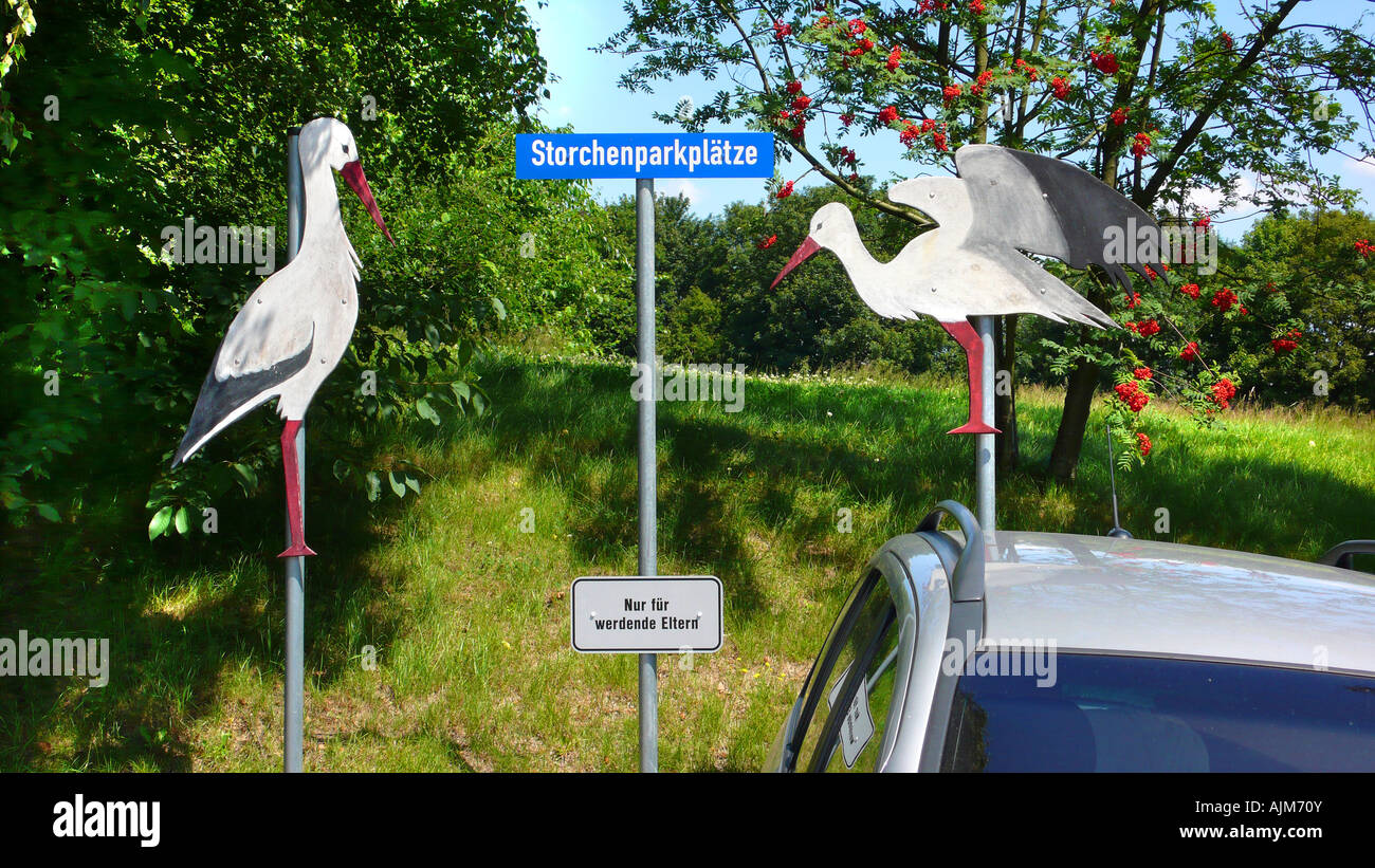 Cicogna bianca (Ciconia ciconia), parcheggio per gestanti, segno: solo per madre-bes, Germania Foto Stock