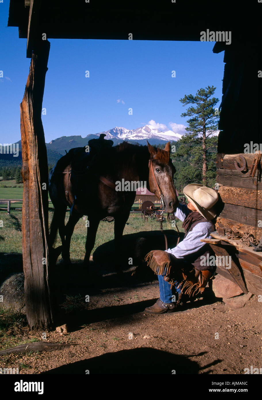 Cowboy avente coversation con cavallo MacGregor Ranch Estes Park CO Foto Stock