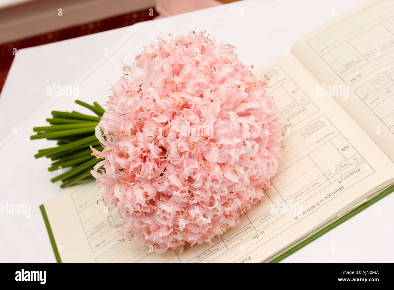 Matrimoni bouquet nuziale sul registro di matrimonio Foto Stock