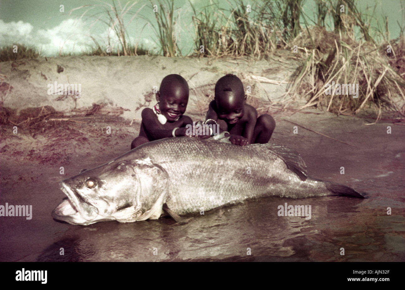 I ragazzi di colore nero con pesce persico del Nilo Foto Stock