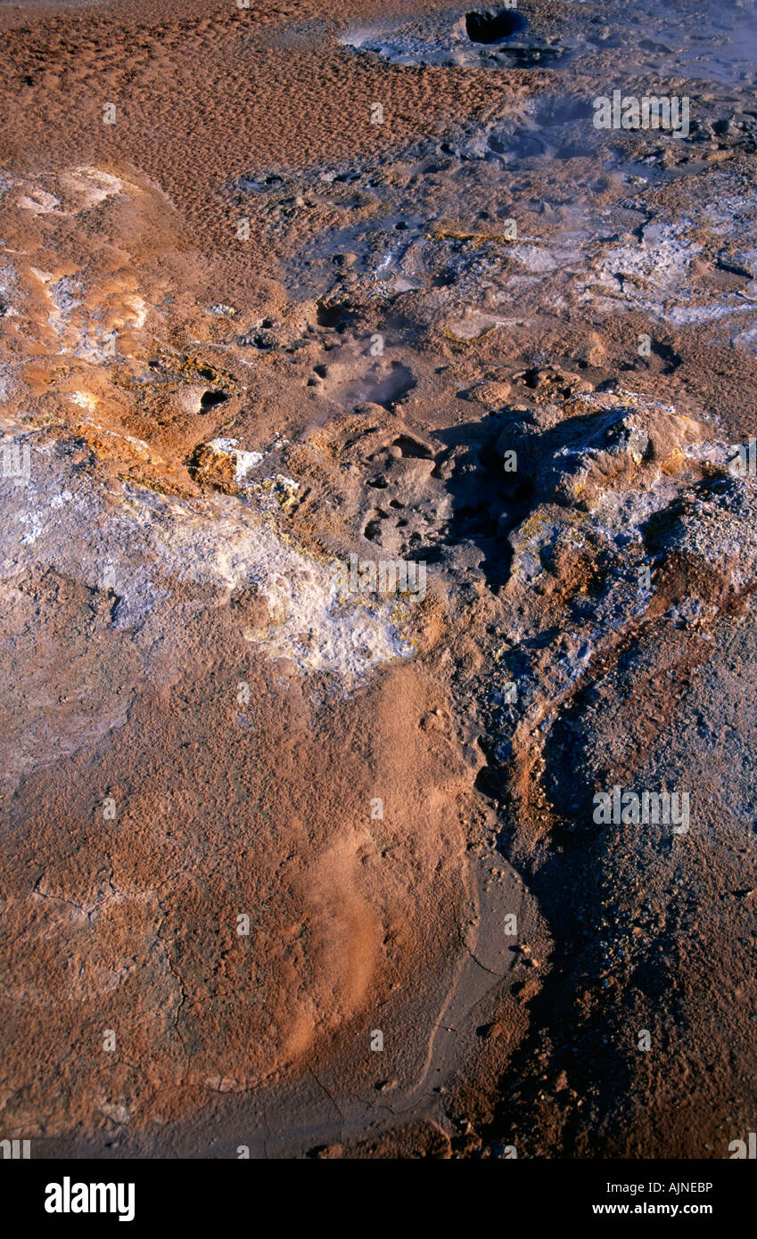 I depositi di Suphur lasciano colori vividi in questo deserto freddo al campo geotermico di Hverarond, nel nord-est dell'Islanda, vicino al vulcano Krafla, Islanda. Foto Stock