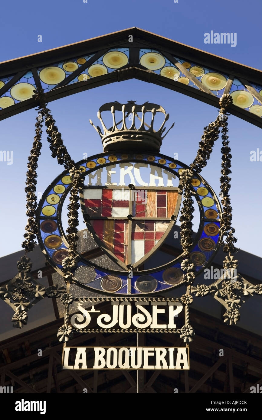 Barcelona Ramblas Mercat de Sant Josep La Boqueria mercato segno di ingresso Foto Stock