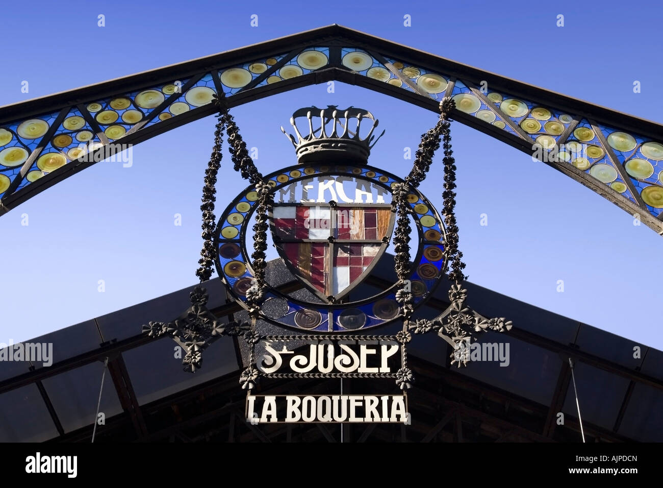 Barcelona Ramblas Mercat de Sant Josep La Boqueria mercato segno di ingresso Foto Stock