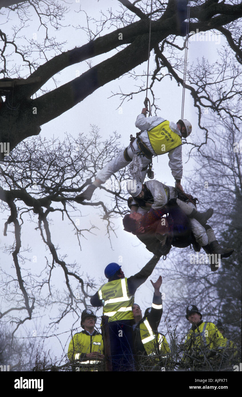 Ufficiali giudiziari di rimozione di un albero protester contro la costruzione della A30 a doppia carreggiata a Fairmile nel South Devon Foto Stock