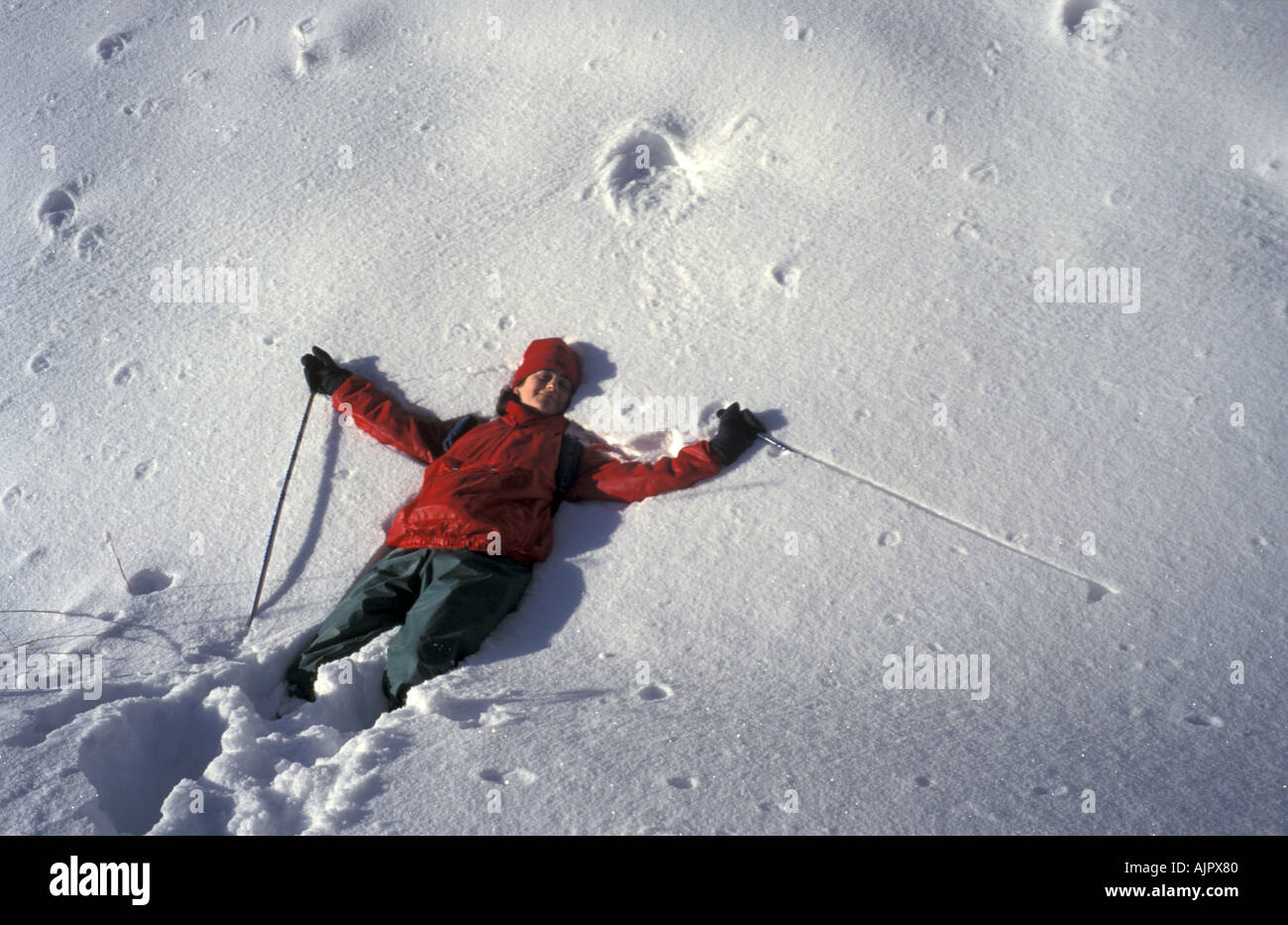 Cross County Skiier prende un periodo di riposo nella neve in montagna austriaca Foto Stock