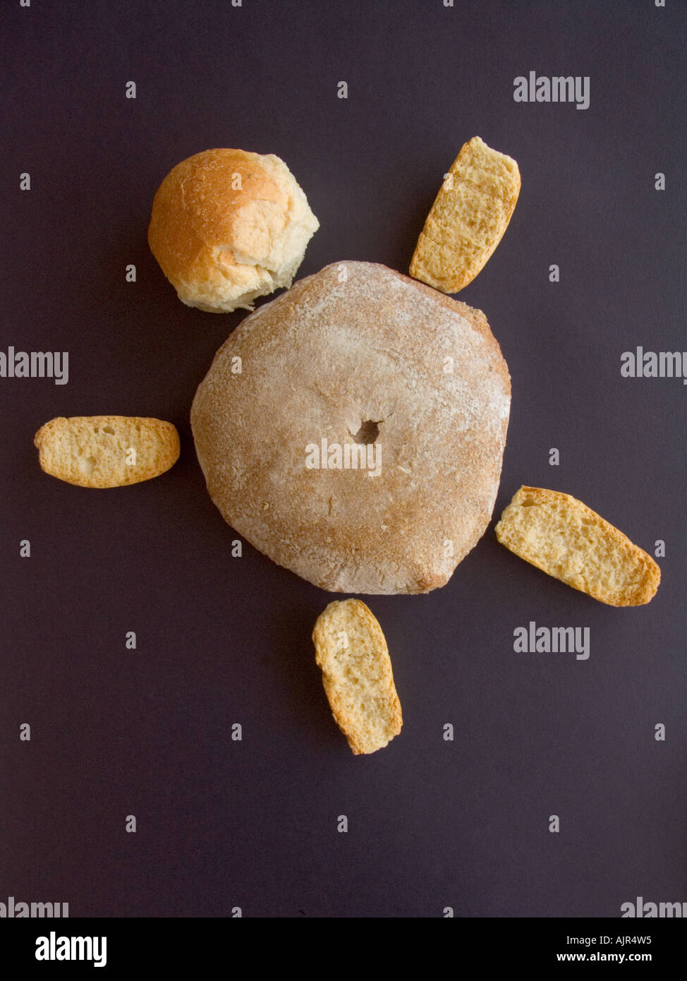 Composizione di differenti tipi di pane formando una tartaruga Foto Stock