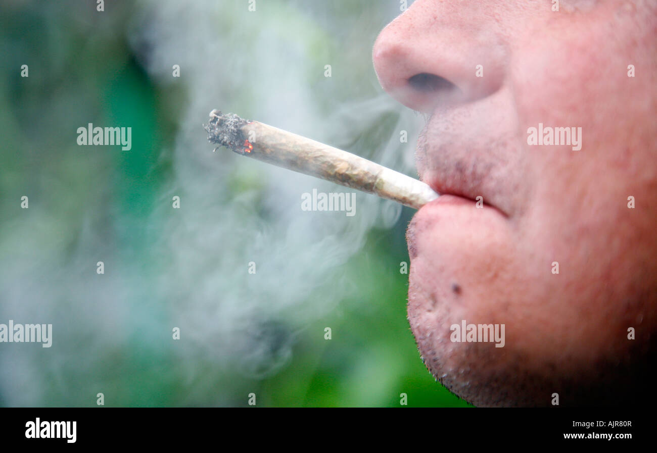 Close up di un uomo di fumare una sigaretta di marijuana, Spagna Foto Stock