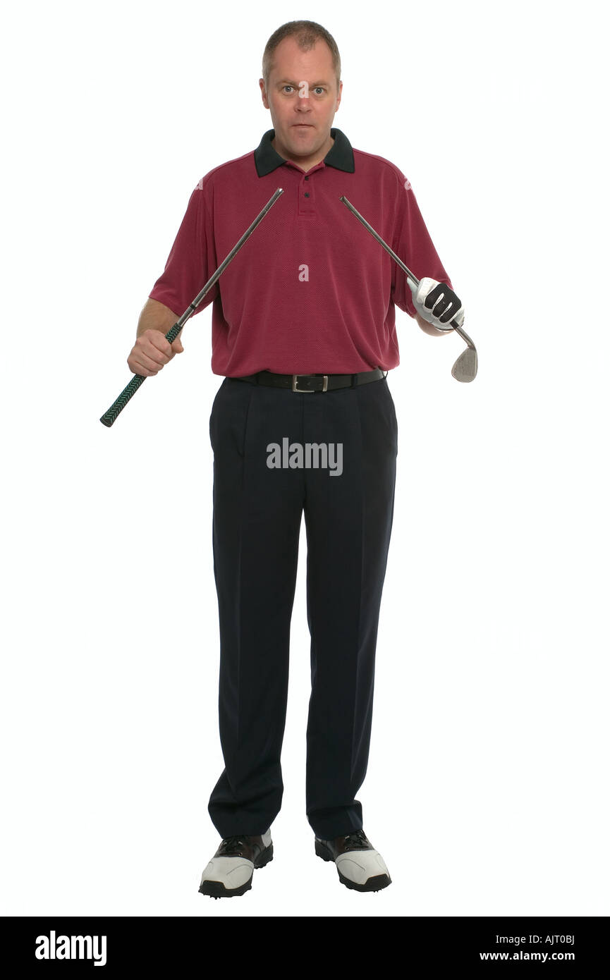Giocatore di golf con un club di rotta nelle sue mani per dire Oh F Foto Stock