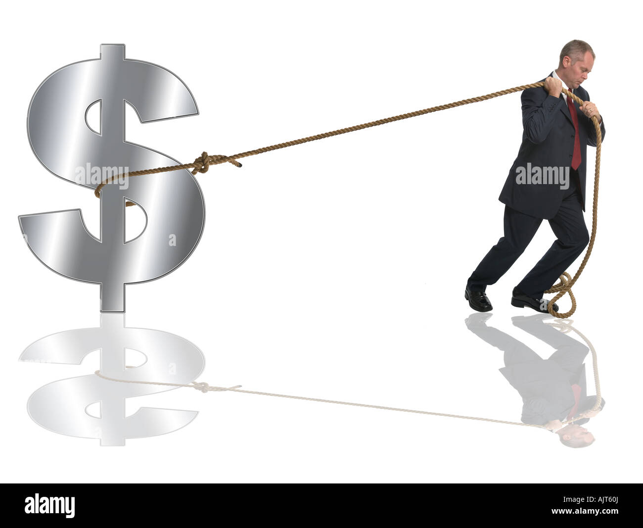Imprenditore tirando lungo un silver dollar da una lunghezza di corda Foto Stock