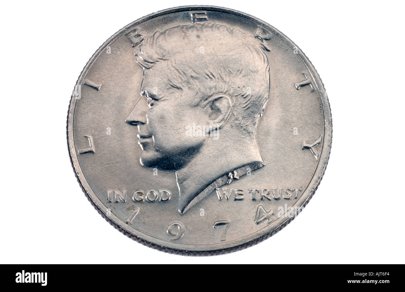 Testa di Kennedy negli Stati Uniti la metà Dollar coin 1974 Foto Stock