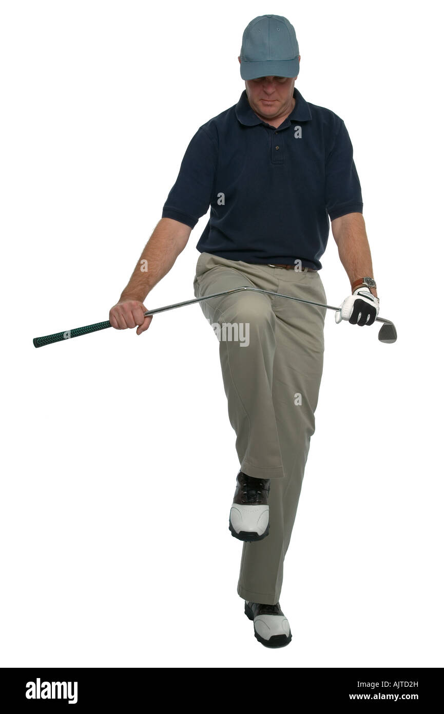Arrabbiato golfista la rottura di un club oltre il suo ginocchio Foto Stock