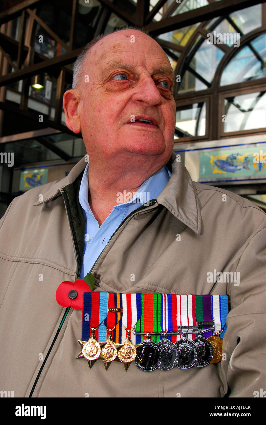 82 anni di guerra mondiale due veterano visualizzando il suo medaglie e papavero Kingston Surrey UK Foto Stock