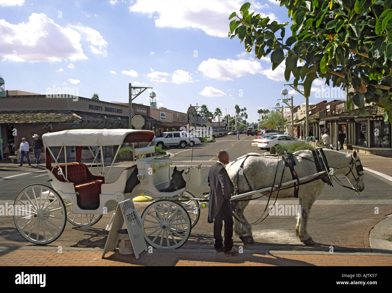 Carro trainato da cavalli su Main Street, il Quartiere delle Arti, Scottsdale, Arizona, Stati Uniti d'America Foto Stock