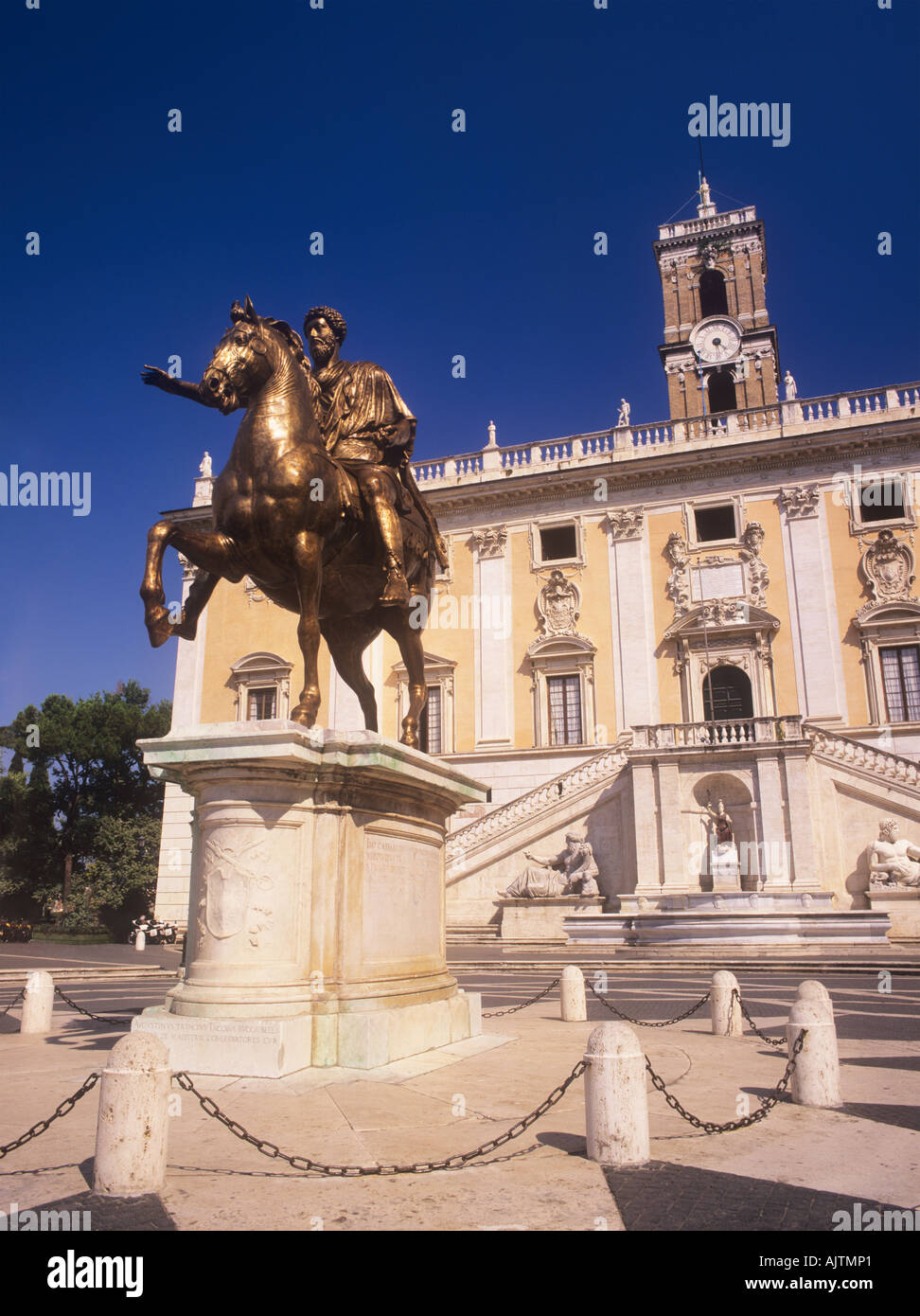 Piazza del Campidoglio e Marco Aurelio statua Roma Italia Foto Stock