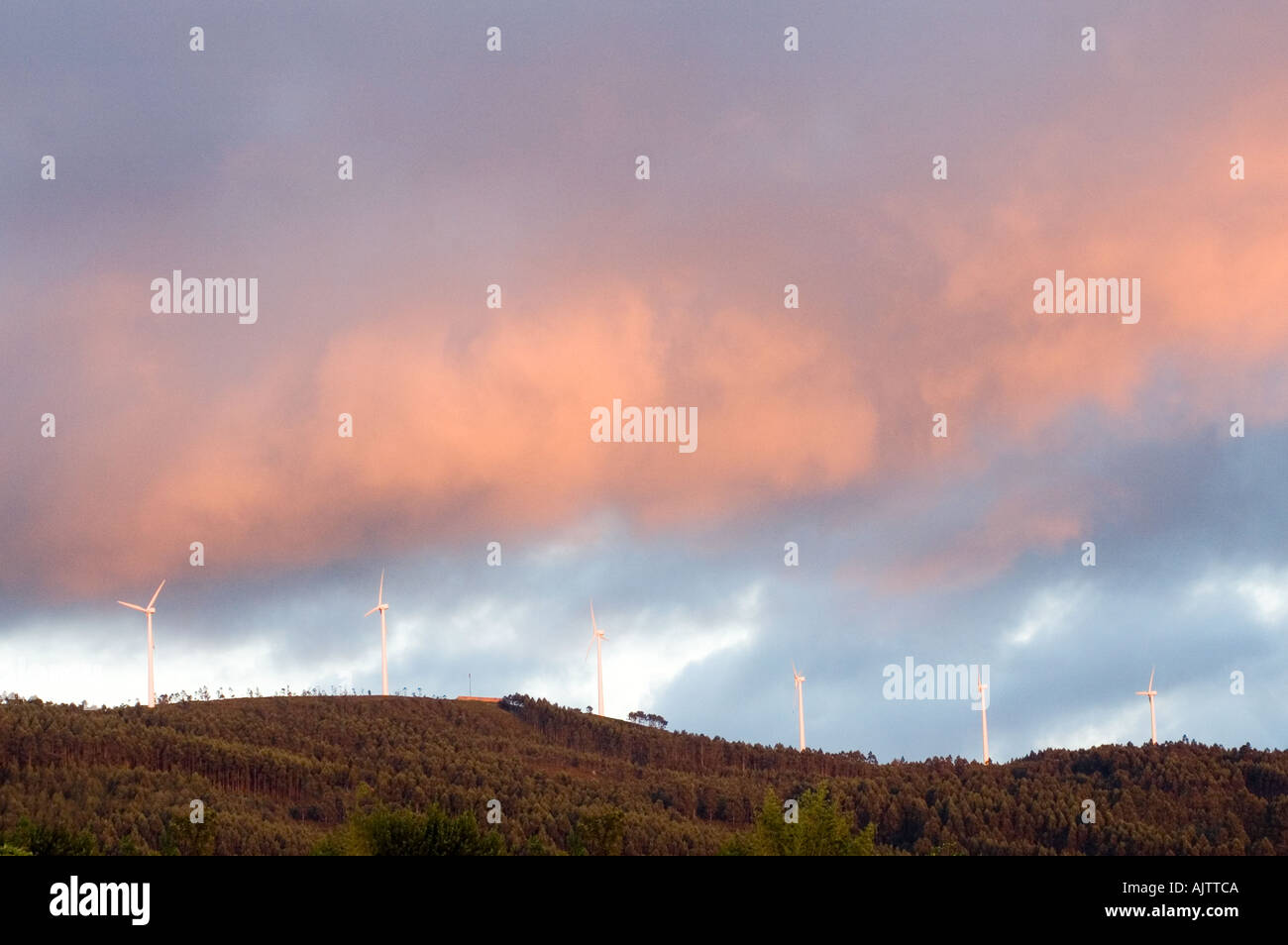 Le turbine eoliche contro il tramonto Foto Stock