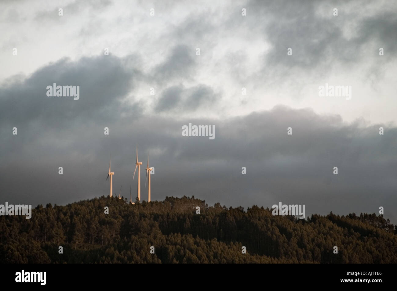 Le turbine eoliche contro il cielo nuvoloso Foto Stock