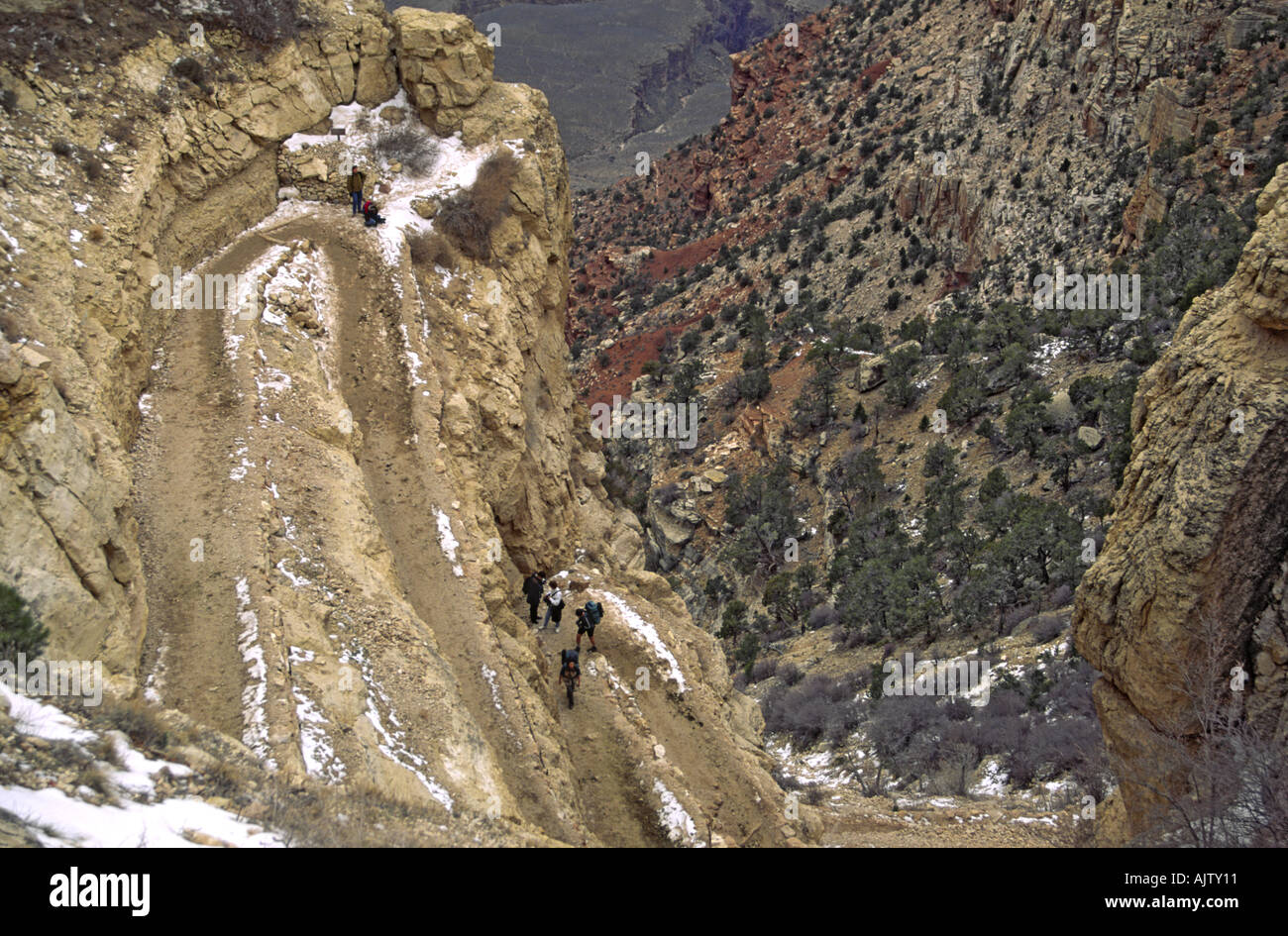 Guardando verso il basso il Bright Angel Trail in inverno, Grand Canyon Parco Nat, Arizona, Stati Uniti d'America Foto Stock