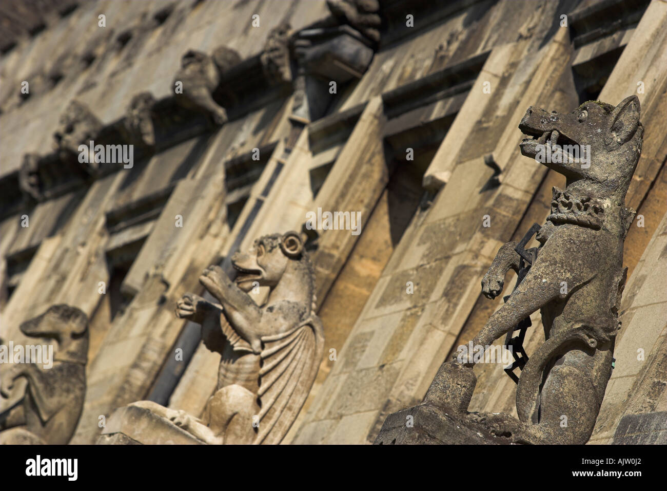[Magdalen College] statue di animali e creature mitiche scolpiti in pietra, [Oxford University], Oxford, England, Regno Unito Foto Stock